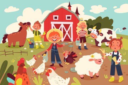 Enfants nourrissant les animaux illustrations plates ensemble. Enfants mignons nourrissant poulet, dinde, mouton, cheval, coq et vache. Éléments de conception agricole