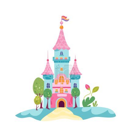 Fairytale Castle With Flag Vector Illustration