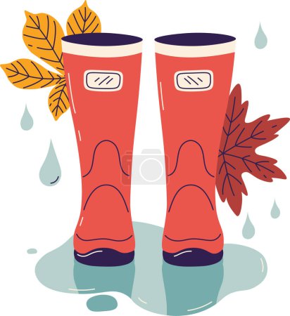Illustration for Gumboots In Rain Paddle With Leaves Vector Illustration - Royalty Free Image