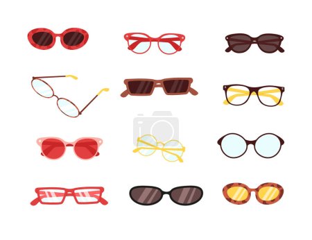 Ilustración de Varias gafas de sol modernas de moda, gafas ópticas para diferentes propósitos aisladas sobre fondo blanco. Ilustración vectorial de gafas hipster, accesorios de visión ocular retro, gafas protectoras contra el sol - Imagen libre de derechos