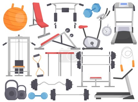 Illustration for Professional gym interior set. Training apparatus and equipment, weights for workout exercise, running track for cardio, weightlifting bench, sportive device, skipping rope vector illustration - Royalty Free Image