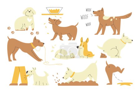 Illustration for Cute naughty dog set. Funny puppy pet with behavior problem vector illustration. Domestic animal woofing, pooping, biting person pants, messing around at home, digging ground isolated on white - Royalty Free Image