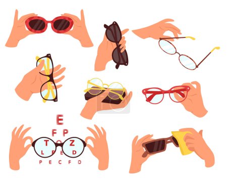 Gafas de mano humanas que sostienen anteojos que protegen del sol y para la corrección de la visión de la vista aislada sobre fondo blanco. Ilustración vectorial de gafas ópticas y gafas de sol de moda glamurosa
