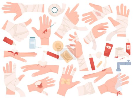 Human hands with injured skin, different sprain, fracture and trauma with medical elastic bandaged and first aid remedy and treatment procedure vector illustration set isolated on white background