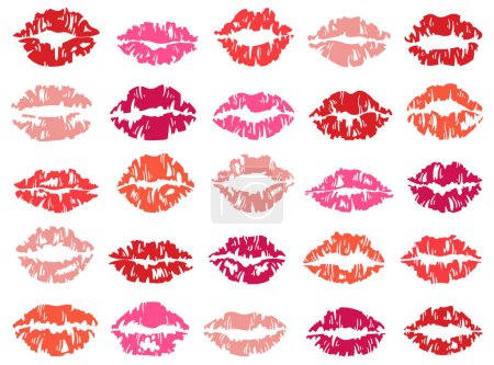 Illustration for Red, pink, beige sexy female lips lipstick kiss prints isolated vector illustration set on white background. Woman mouth makeup love sign imprint different color and shape trendy design element - Royalty Free Image