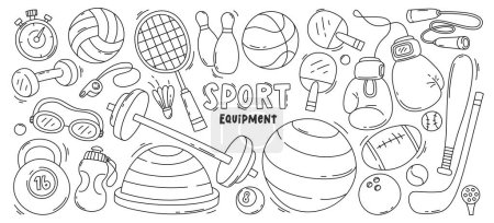 Illustration for Linear sport equipment, team game tool, fitness activity instrument, cardio or powerlifting training and boxing accessories isolated set on white. Sportive hobby outline icon vector illustration - Royalty Free Image