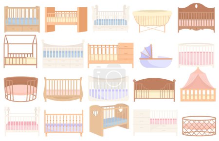 Illustration for Different wooden baby crib cradle bed furniture with and protective grill assortment for newborn child bedroom interior set. Infant kids sleeping place with various shape and form vector illustration - Royalty Free Image