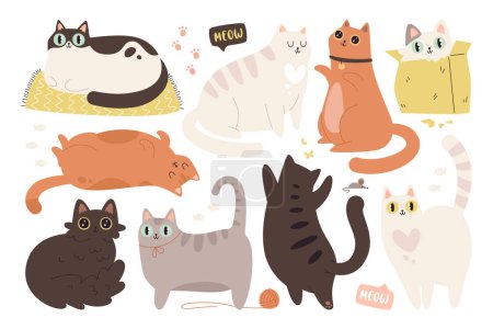 Funny pet fat cat cute animal character in different pose, emotion and action isolated set with lettering, paw traces. Fluffy overweight kitten mascot sleeping, playing, stretching vector illustration