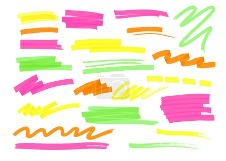 Set von farbenfrohen, handgezeichneten Marker-Textmarker-Streifen, Linie, Strich, wellenförmiges Kritzeln, Zickzack, Unterstreichungselemente Vektorillustration. Handgeschriebene skizzenhafte Dauermuster, Bleistiftkurven-Sammlung