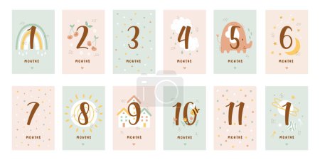 Monatliche Meilensteinkarten Set mit Nummer und niedlichen kindischen Pastellfarben einfache Dekoration für Baby-Dusche, Geburtstagsfeier und Geburtstagsfeier Einladung Vektor Illustration