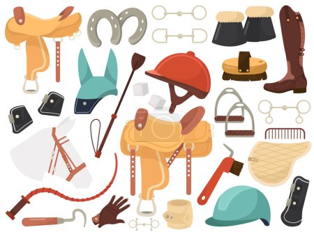 Equestrian sport gear accessories, stuff equipment for horse riding, jockey rider clothing isolated set. Uniform, horseshoes, saddle, animal harness supply for racing competition vector illustration