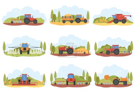 Conjunto de tractores de maquinaria pesada agrícola y cosechadoras combinadas en el campo. Maquinaria rural cultivando, arando tierra y recolectando ilustración de vectores de cultivos. Concepto agronómico