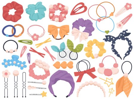 Hair grooming scrunchies accessories and decoration, hairband an bow isolated female beauty and fashion set. Simple, glamour and childish hairdressing ribbon, rubber, bands vector illustration