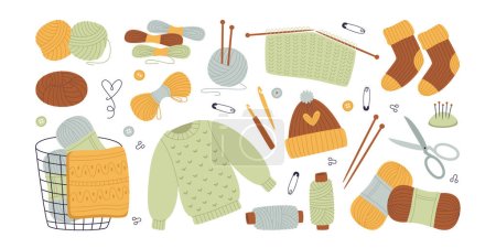 Knitted sweater warm clothes and knitting tools supplies isolated needlework hobby items set on white. Woolen jumper, hat, scarf, needles, hook, yarn, scissors for handcraft work vector illustration