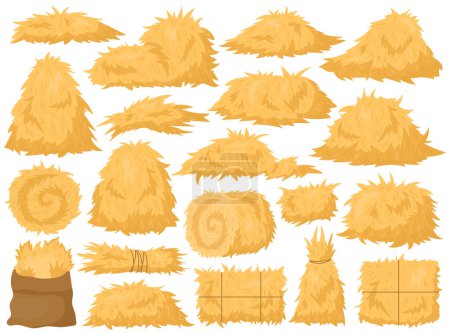 Dry farm haystack, bale, pile and heap stack, straw in rolls, fodder bundle, sack bag isolated agricultural set. Rural haycock, countryside grass, wheat or rye haymow and farming vector illustration