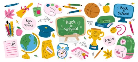 Illustration for Back to school education object, lesson subject supply, learning accessories, knowledge item design element set. Stationery vector illustration for children science, research and development - Royalty Free Image