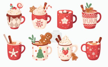 Illustration for Christmas ceramic cups and porcelain mugs with festive pattern and homemade hot warming drinks set. Cozy sweet food and drinks for wintertime holidays vector illustration. Traditional seasonal treats - Royalty Free Image