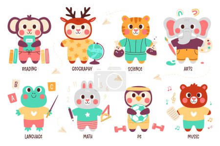 Illustration for Cute animals cartoon character back to school to study different educational subjects vector illustration. Student learning reading, geography, science, arts, language, math, physical education, music - Royalty Free Image