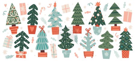 Illustration for Decorative Christmas fir spruce trees with and without traditional decoration, ornaments and xmas bauble set vector illustration. Potted evergreen plant artificial and natural for New Year celebration - Royalty Free Image