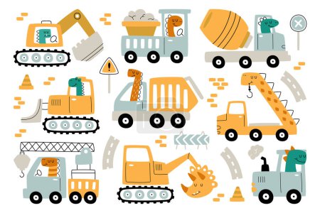 Cute funny dinosaurs kawaii monsters cartoon characters at construction site driving excavator, crane, dumping truck, tractor, concrete mixer machine heavy machinery vector illustration isolated set