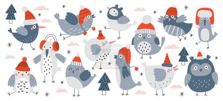 Funny wild forest birds characters wearing winter hats vector illustration in handdrawn Scandinavian style. Cute feathered mascot dressed in Christmas festive cap, knitted headgear isolated set