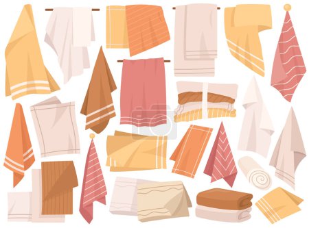 Ilustración de Toallas de ducha de baño plegadas, apiladas, enrolladas y colgadas, toalla de cocina, trapo o manta textil de playa, toallita de higiene de algodón, servilleta de microfibra aislada en la ilustración del vector de fondo blanco - Imagen libre de derechos
