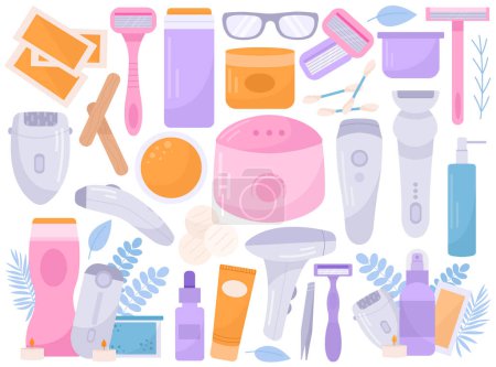 Illustration for Body hair removal tools equipment, cosmetics supply set for beauty spa salon and home procedure. Wax, sugaring, electro, laser epilation, depilation, photoepilation appliance vector illustration - Royalty Free Image