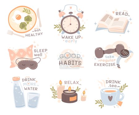 Health good habits set with motivation to eat healthy, wakeup early, read, take regular exercise, drink tea and more water, relax, sleep well vector illustration. Typographic phrases for card stickers