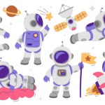 Cute astronauts cartoon characters wearing spacesuit and helmet in different poses set. Cosmonaut floating in space, resting on planet or meteor, lying on cloud, flying on rocket vector illustration