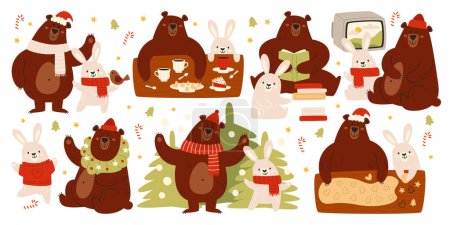 Netter Bär und Kaninchen besten Freunde lustige Zeichentrickfiguren gesetzt. Teddy und Hase haben Spaß in der Weihnachtszeit, kochen Weihnachtsplätzchen, schmücken Tannenbaum, lesen Vektorillustration