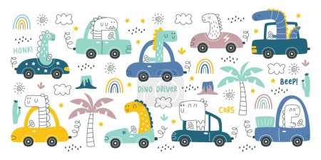 Cute childish dinosaur drivers cartoon characters racing at steering wheel of automobile vector illustration set. Funny happy baby monsters enjoying road trip journey, vacation adventure doodle mascot