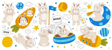 Illustration for Cute rabbits astronauts, funny bunny cosmonaut characters wearing helmet, spacesuit flying on carrot rocket, discovering galaxy space and planets while sitting on crescent moon set vector illustration - Royalty Free Image