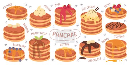 Homemade fired pancakes stacks with different topping, maple syrup, chocolate, sweet honey or cream, various fruit and berries addition like banana, blueberry isolated set vector illustration.