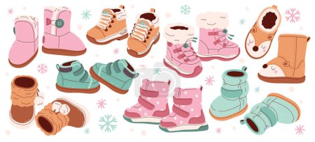 Winter season warm shoes footgear for children to protect legs from cold weather vector illustration. Different trendy fashion cozy and comfortable childish footwear, kids casual seasonal garment