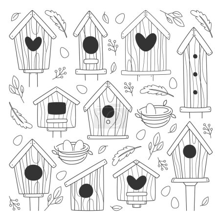 Ilustración de Casas de madera hechas a mano y nidos de madera con huevos esquema dibujo conjunto vector ilustración. Construcción de refugios de madera en jardín para hábitat forestal de aves. Edificio decorativo de la casa de estornino - Imagen libre de derechos