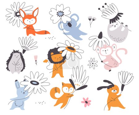 Ilustración de Animales lindos personajes sosteniendo grandes flores bailando, flotando o de pie con flores conjunto de primavera. Divertido zorro bebé, koala, león, erizo, liebre, conejo, mono, perezoso mascota de cuento de hadas vector ilustración - Imagen libre de derechos
