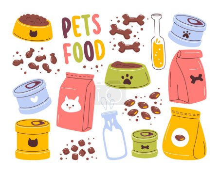 Cats dogs dry and wet food, drinks in different packs, packets and bottles set vector illustration. Canine or feline feeding plates, conserve cans, crispy bones pouch, snack preserves and milk glass