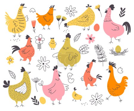 Ilustración de Divertidos animales de granja pascua aves personajes diferentes lindo pollo colorido y gallo conjunto. Pequeños polluelos mascota con elementos decorativos de diseño floral, huevos, cáscara agrietada y vector de nido ilustración - Imagen libre de derechos