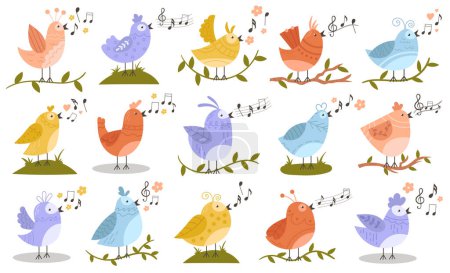 Cute little bird characters singing spring songs sitting on tree plant branch twig set vector illustration. Feathered colorful small birdie animals tweeting nature melody waving wings collection