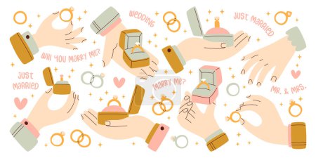 Human hands holding wedding rings with diamond for marriage ceremony, jewelry for romantic proposal and engagement set. Box with beautiful precious gift surprise to get married vector illustration