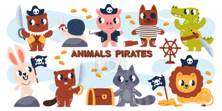Cute happy animals pirates sailors cartoon childish characters wearing traditional costume with sword weapon, treasure chest and flag with skull enjoying amazing adventures vector illustration