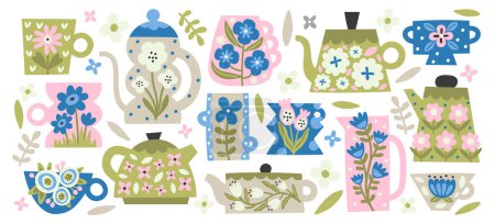 Tetera de cerámica, teteras, tazas y tazas con flores ilustración vectorial diseño patrón natural. Varios utensilios de vajilla con adornos florales de moda. Colección de vajilla de ceremonia de café y té
