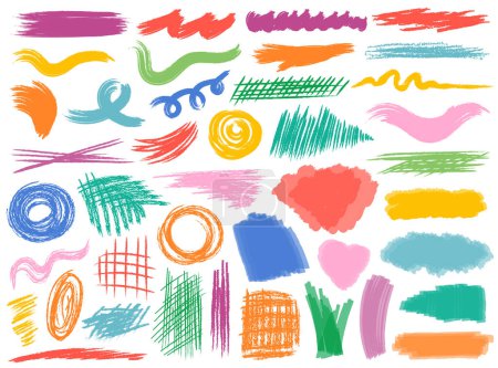 Illustration for Hand drawn colorful crayon doodle scribble pencil marks, charcoal pen grunge stroke sketch set. Abstract multicolored marker round elements, lines, curves, grid, swirls, squiggles vector illustration - Royalty Free Image