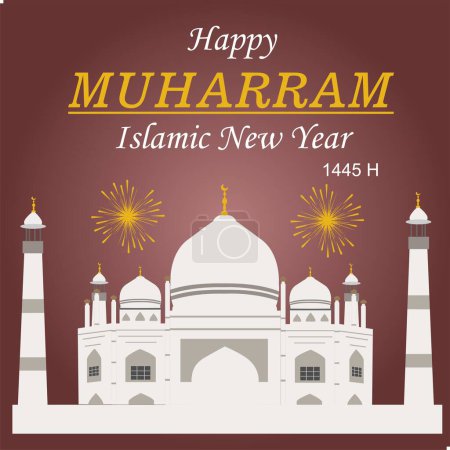 Illustration for Happy New Hijri Year, Islamic New Year 1445 Hijriyah (1 muharram)  card design decorative happy muharram background and Islamic new year greeting card template with Mosque - Royalty Free Image