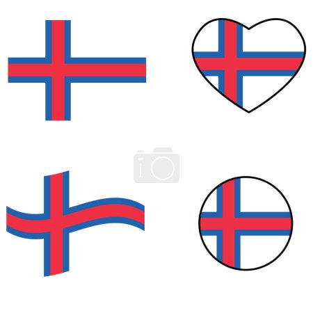 Illustration for Faroe Islands flag icon. Waving flag of Faroe Islands. Heart Faroe Islands flag. Round Faroe Islands flag. flat style. - Royalty Free Image