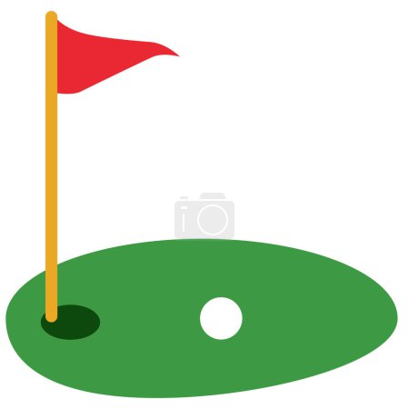 Golfplatz grün mit Flaggensymbol. Fahnenstange und Golfballschild. Golf rote Flagge auf grünem Gras und Lochlogo. Symbolbild Golfplatz. flacher Stil.