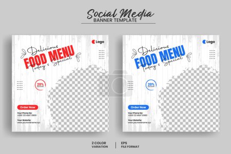 Illustration for Delicious food menu social media post banner or web banner template and healthy organic food promotion flyer template - Royalty Free Image