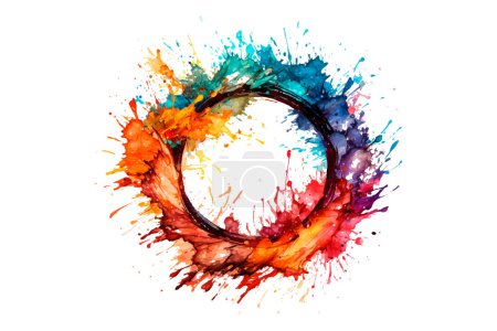 Abstract colorful rainbow color painting illustration and Watercolor Splash Circle Frame set isolated on a transparent background