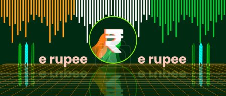 Téléchargez les photos : E RUPEE Monnaie numérique de l'Inde isolée sur l'illustration de fond tri couleur - en image libre de droit