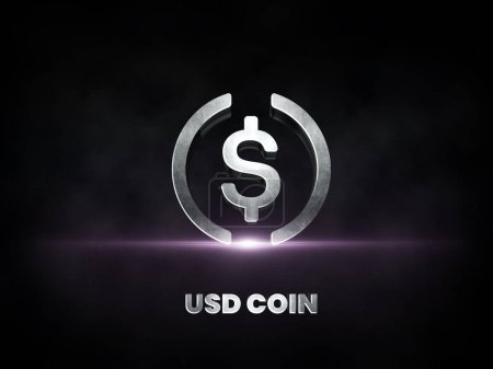 USD Coin USDC Kryptowährungsmünze Silber Logo isoliert auf dunklem Hintergrund, Defi 's Block Chain Finance Illustration.